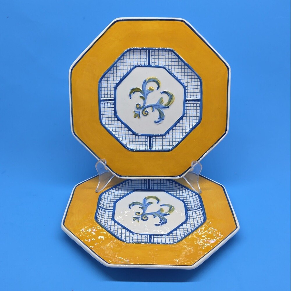 Fitz And Floyd Ricamo Trattoria Set Of 2 Blue And Yellow 8 1/8" Salad Plates NEW